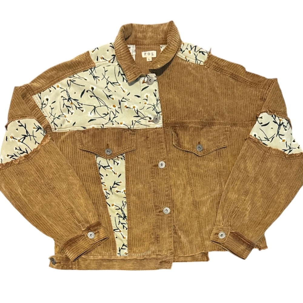 POL Corduroy Patchwork Jacket Large Boho Floral‎ Shacket Cottagecore Oversized